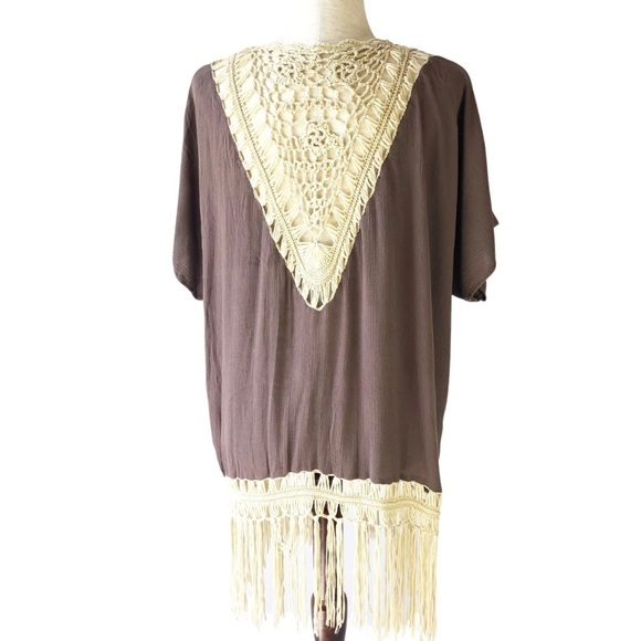 Umgee Womens Brown Crochet Lace Trim Short Sleeve Fringe Kimono Cardigan - Picture 2 of 13